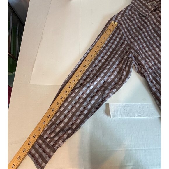 Bugatchi Uomo Mens Large Brown Checkered Long Sleeve Button-Up Shirt Shaped Fit - Picture 9 of 9